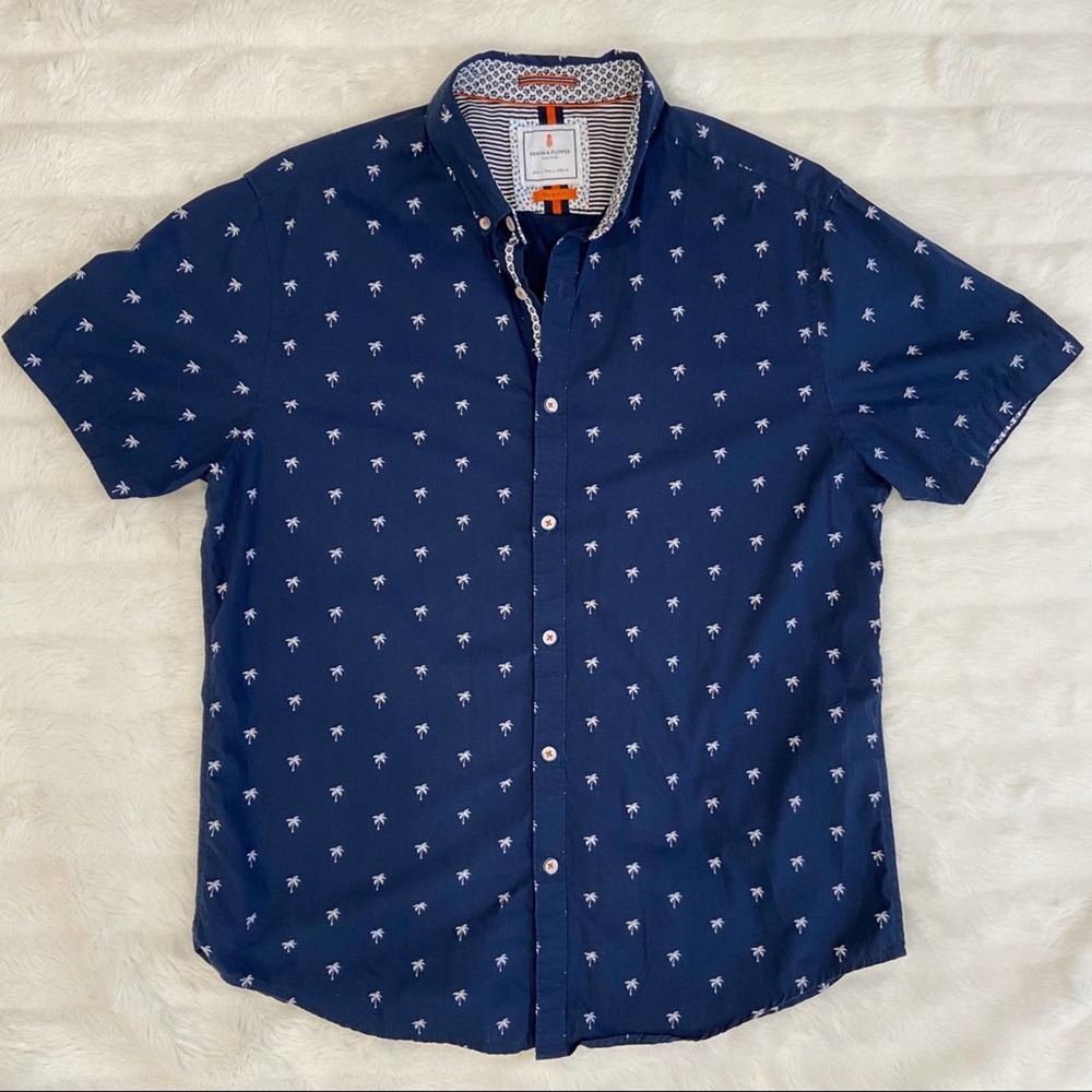 Denim and Flower Palm Tree Short Sleeve Shirt